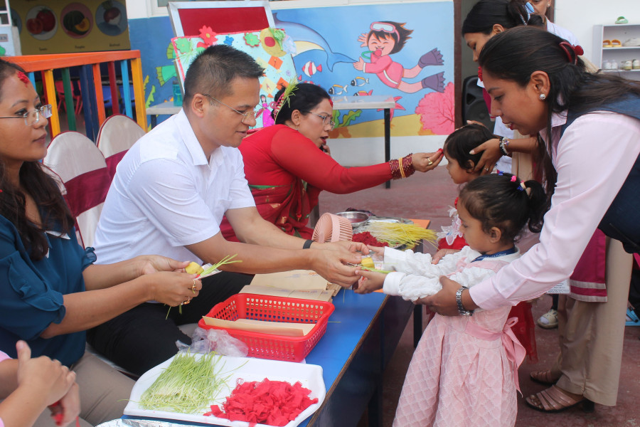 Students taking part in Dashain festival program in school