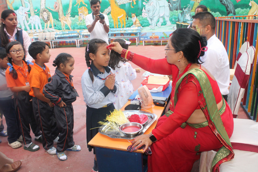 Students enjoying Dashain festival activities at school