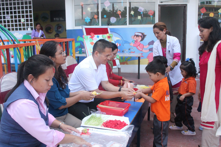 Students participating in Dashain cultural celebration at school