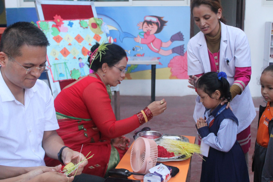 Students celebrating Dashain festival at school