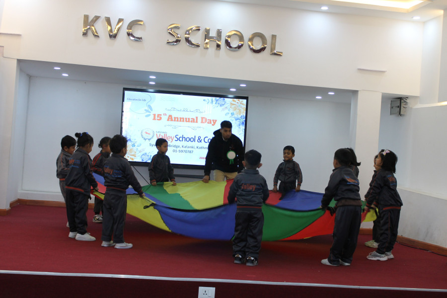 Stage view of preschool students performing during school annual function